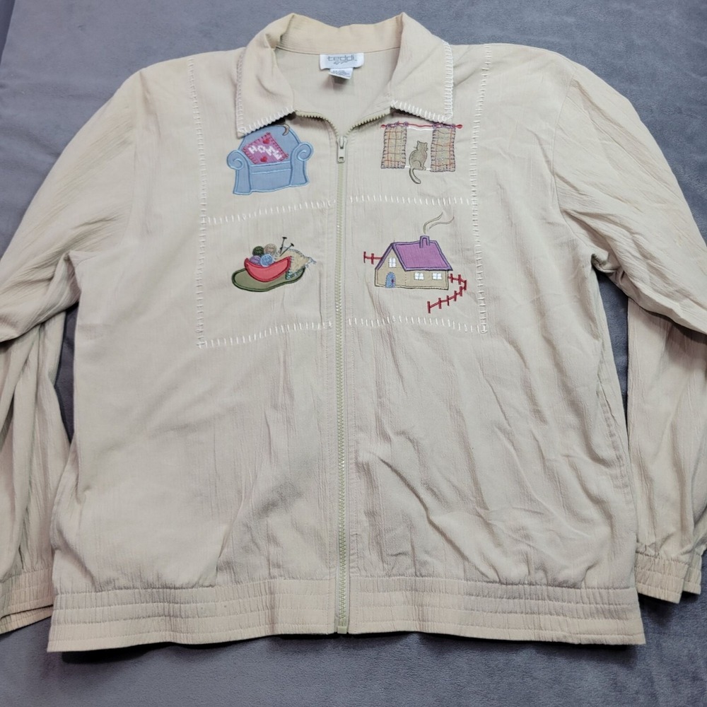 Vintage Teddi Womens Medium Beige Zip-Up Jacket With Embroidered HomeTheme